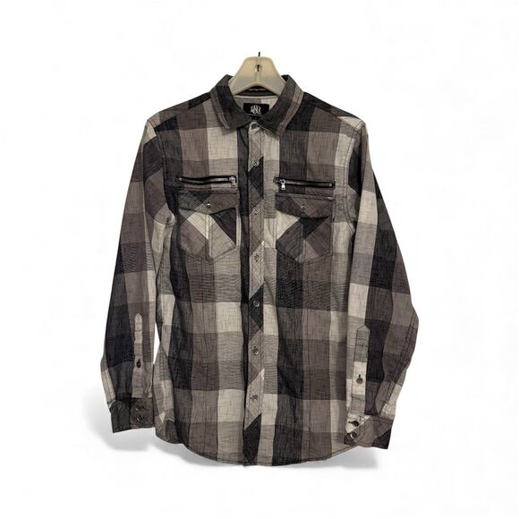 Rock & Republic Black White Buffalo Plaid Roll Tab Long Sleeve Shirt Mens Small - Picture 1 of 5